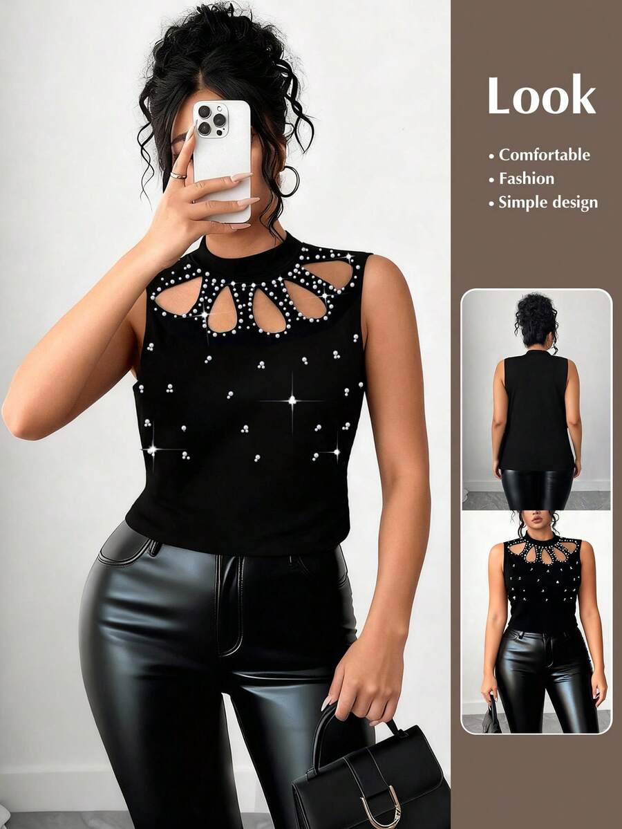 Elenzga Blusa elegante sin mangas con bordados y cuentas, tela elástica, efecto estilizante para tallas grandes - Negro - View 1