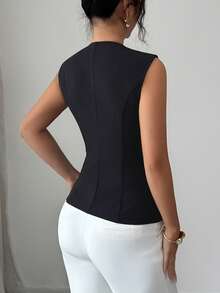 Elenzga Women's Summer New Elegant Commuter Fashion Versatile High-End Metal Buckle Decor Black Sleeveless Square Neck Waist Shirt - Black - View 2