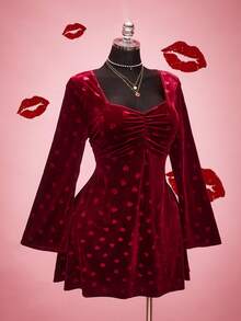 SHEIN ICON 大码女士情人节优雅爱心丝绒连衣裙 - 紅色 - 查看 7