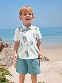 SHEIN Young Boy Summer Casual Vacation & Commute Floral Print Short Sleeve Shirt And Shorts Set - Blue - View 3
