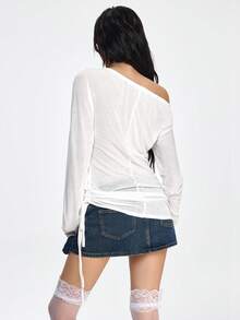 ROMWE Grunge Punk SpringRomantic Nautical Punk Wing & Anchor Foil Print Oblique Shoulder Women Long Sleeve T-Shirt - White - View 4