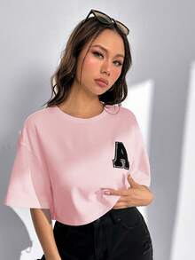 SHEIN EZwear Áo thun nữ mùa xuân/hè mới, cổ tròn, vai rớt, chất liệu dệt kim, in chữ, màu hồng, thích hợp mặc thường ngày, áo thun nữ tay ngắn, áo kiểu nữ mùa hè, áo phông nữ. - Hồng - Xem 6