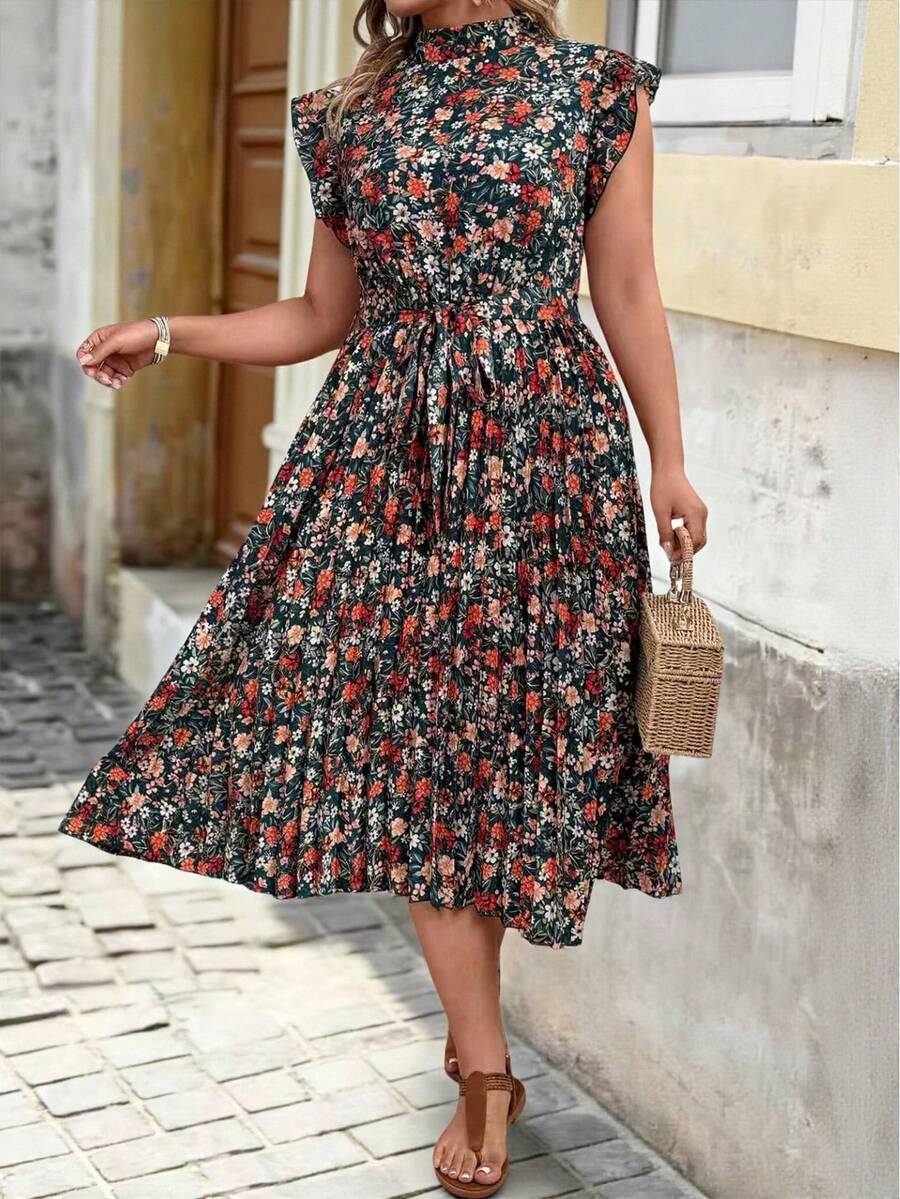 EMERY ROSE 大码女式夏季复古印花立领荷叶袖系带褶皱连衣裙 - 黑色 - 查看 1