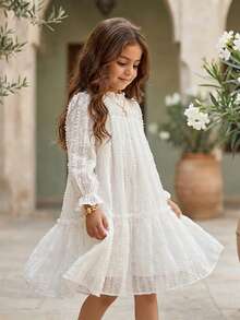 SHEIN Vintaside Kids 女童优雅公主风荷叶边领泡泡袖提花刺绣双层荷叶边下摆宽松公主裙，适合度假、旅行、派对、送礼、春秋季穿着。 - 白色 - 查看 5
