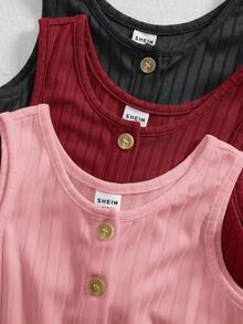 女婴休闲纯色针织吊带背心和短裤连体衣三件套 - 彩色 - 查看 6