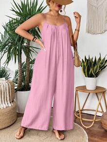 SHEIN Clasi Plus Size Casual Pink Spaghetti Strap Wide-Leg Jumpsuit Lightweight, Linen-Like Fabric Relaxed Fit With Wide Legs And Front Pockets - Pink - View 7