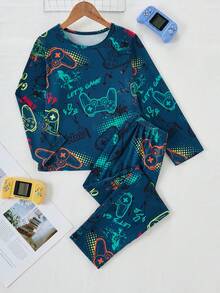 2pcs Tween Boy Video Game Print Pajama Set - Long Pants & Long Sleeve Top - Dark Green - View 7