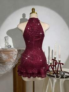 Franclia Burgundy Sequins Halter Stretch Sexy Sleeveless Slim Women Bodycon Dress/Date/Party/Nightclub/Street /Halloween/Valentine's Day/Elegant Dress/Christmas Dress/Birthday Dress/Nightclub/Party Dress /New Year Holiday/Spring/Summer/Autumn/Winter New Short Dress - Burgundy - View 2