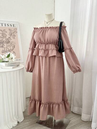 Modelyn Plus Size Solid Color Off Shoulder Long Sleeve A-Line Skirt Women's Elegant 2-Piece Set