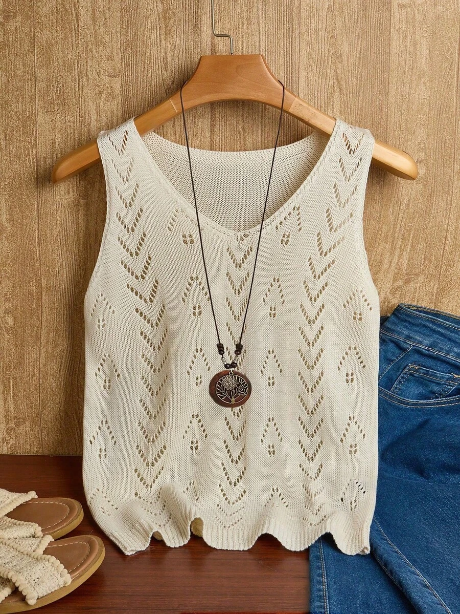 Franclia Petite Top de Tricô com Decote em V e Recortes Vazados para Férias de Verão Feminina - Bege - Visão 1