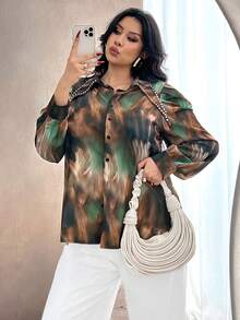 Modelyn Blusa elegante de manga larga ajustada con estampado y decoración de rhinestones, talla grande, para primavera/otoño - Multicolor - Ver 1