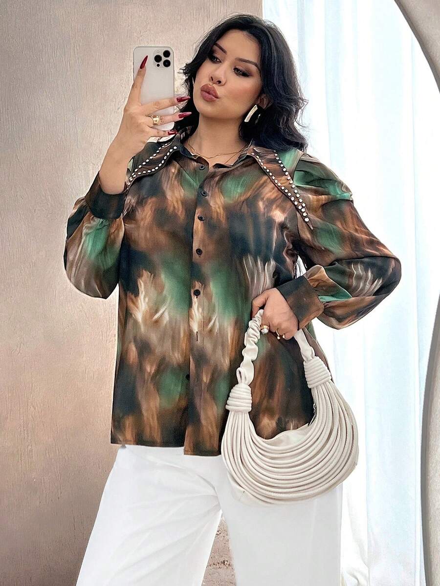 Modelyn Blusa elegante de manga larga ajustada con estampado y decoración de rhinestones, talla grande, para primavera/otoño - Multicolor - Ver 1
