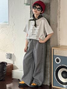 DAZY 青少年男童条纹口袋休闲百搭日常阔腿牛仔裤 - 藍色 - 查看 5