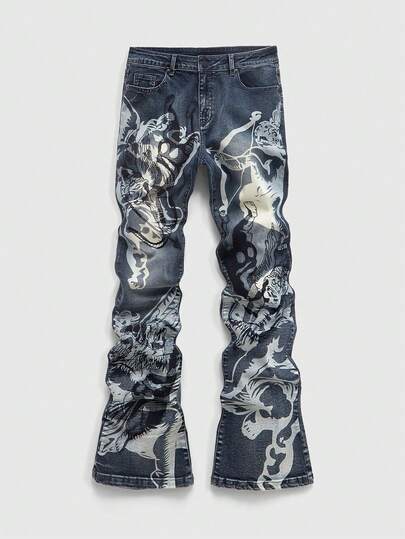 ROMWE MEN Men's Printed Layered Denim Jeans