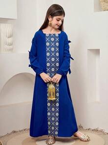 SHEIN Đầm maxi dài tay dáng chữ A rộng rãi, màu trơn, phối sọc, cổ vuông, trang trí nơ, dành cho bé gái tuổi teen, thích hợp cho du lịch, nghỉ dưỡng, phong cách đồng quê, nghỉ mát thường ngày, phong cách bohemian, hoặc phối đồ đôi cho chị em gái. - Hồng - Xem 4