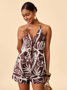 Travachic Women's Tropical Plant Print Tie Front Halter Top And Shorts 2 Pieces Set, Spring Break Summer Beach Casual Vacation