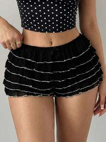 SHEIN SXY Black And Silver White Sheer Layered Ruffle Trim Low Waist Shorts,Summer,Cutesy,Lounge Y2K Streetwear Concert,Black And White Ruffle Shorts - Black and White - View 1