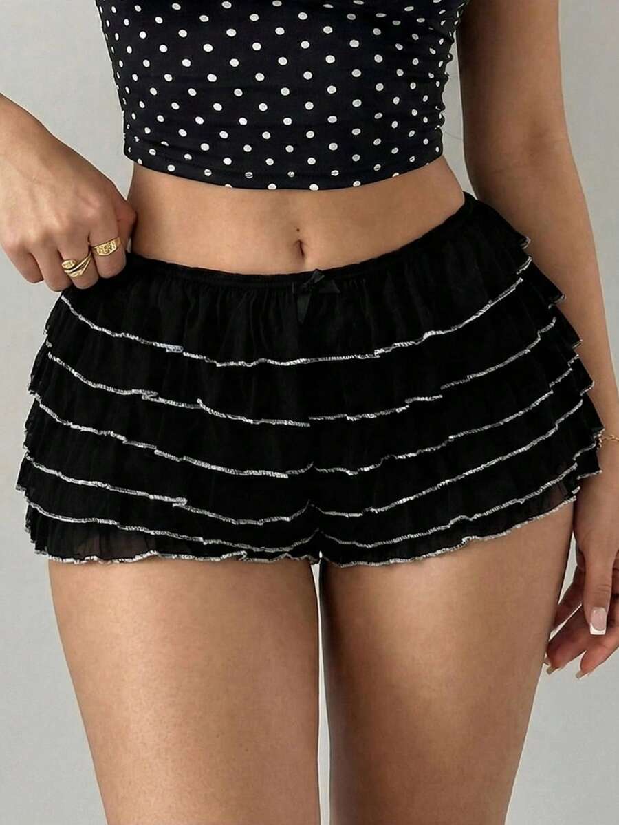 SHEIN SXY Black And Silver White Sheer Layered Ruffle Trim Low Waist Shorts,Summer,Cutesy,Lounge Y2K Streetwear Concert,Black And White Ruffle Shorts - Black and White - View 1