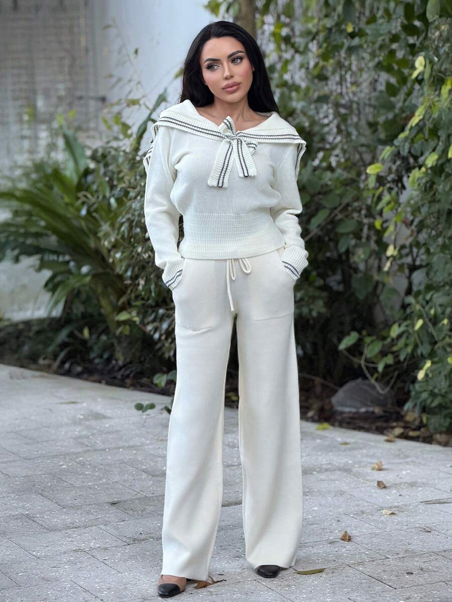 Durrani Popal Knitted Large Pocket Detail Tie Waist Sweater Trousers Wide Leg Old Money Summer Vacation Airport Holiday Summer Beach Fall Back To School Christmas Work Office Winter Thanksgiving Chic - Apricot - View 1