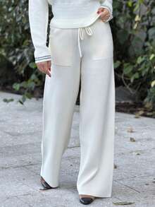 Durrani Popal Knitted Large Pocket Detail Tie Waist Sweater Trousers Wide Leg Old Money Summer Vacation Airport Holiday Summer Beach Fall Back To School Christmas Work Office Winter Thanksgiving Chic - Apricot - View 4