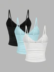Sweetra Bộ 3 món áo hai dây và áo tank top ren cỡ lớn dành cho nữ, kiểu dáng giản dị và thoải mái. - Nhiều màu - Xem 2