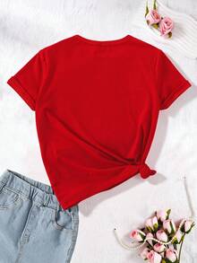 1件少女休闲时尚创意个性化清新别致简约牛仔效果爱心仿珍珠印花舒适基础款短款T恤，适合情人节及所有季节 - 酒紅色 - 查看 2