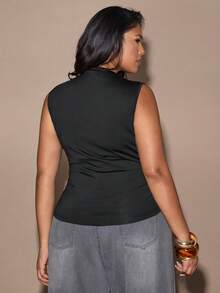 SHEIN BAE Plus Size Women's Black Asymmetrical Shoulder Irregular Hem Sleeveless T-Shirt,Elegant,Formal,Autumn Evening Night Party,Casual Versatile Solid Top - Multicolor - View 5