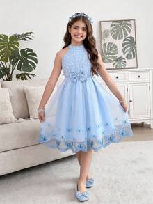SHEIN Elegant Blue Sleeveless Dress For Tween GirlsSweet Princess Style With Bow Design, Fashionable And Graceful - Blue - View 10