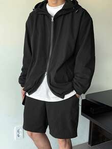 DAZY Solid Dark Grey Long Sleeve Jacket Paired With Shorts, Men's Commuter Outfit, Spring/Summer - Dark Grey - View 6