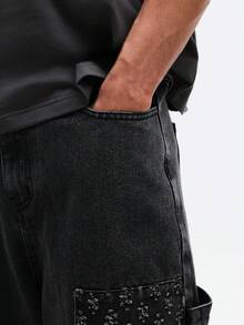 SUMWON Oversized Wide Leg Carpenter Blocking Jeans With Small Floral Print Pattern Contrast Denim Panels Utility Pockets Relaxed Fit Casual - Black - View 6