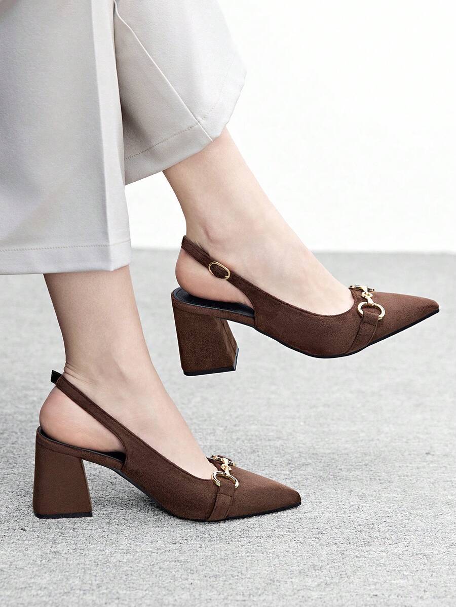 CUCCOO BIZCHIC Sepatu hak tebal wanita warna burgundy, desain minimalis klasik, cocok untuk bepergian, kencan, pesta, liburan, pernikahan, Natal, Hari Valentine, dan musim semi. - coklat flax - View 1