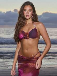 Swim Vcay 3pcs Women's Swimwear Set: Burgundy Pearl Flower Mesh Coverup, Low Waist Skirt, Pearl Vacation Beach - Burgundy - View 4