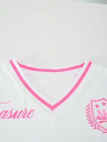 SHEIN ChillGRL Tween Girls' Casual Letter Striped V-Neck Off Shoulder Loose T-Shirt & Numeric Graphic Tee With Chic Utility Straight Leg Pocket Pants 2-Piece Set, Fashionable Spring/Summer/Autumn - Pink - View 5