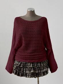 Sunspun 大码女式波西米亚/Y2K风格镂空纯色喇叭袖长袖针织套头毛衣，适合度假，适合所有季节，尤其适合秋季穿着；大码酒红色纯色针织套头毛衣，休闲船领，袖长及腕，落肩设计，半透明面料 - 酒紅色 - 查看 5