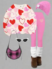 少女爱心图案休闲舒适柔软宽松圆领长袖卫衣和打底裤套装，适合秋冬季日常穿着 - 彩色 - 查看 3