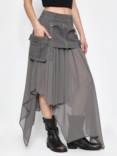 Grunge Punk Gonna di jeans mini asimmetrica in chiffon con patchwork di rivetti in metallo lavato stile punk navy