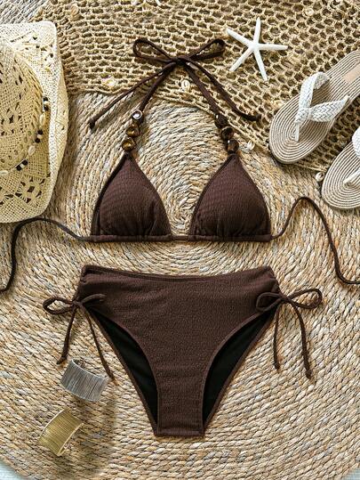 Soleia 女士纯色挂脖系带性感比基尼泳衣套装，夏季海滩