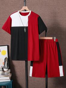 SHEIN Vacaura Bộ 2 món áo thun và quần short phối màu thời trang thường ngày dành cho nam thiếu niên, thích hợp mặc hàng ngày vào mùa xuân/hè và các hoạt động ngoài trời. - Màu Đỏ Sâu - Xem 7
