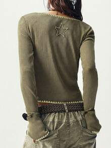 Bohemela 女士休闲纯色撞色V领长袖针织T恤，秋冬款 - 軍綠色 - 查看 7