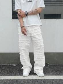 Manfinity ZONE917 Men's Solid Color Frayed Edge Slant Pocket Casual Versatile Jeans - White - View 4