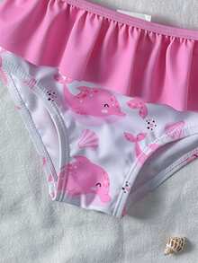 Cute Pink Whale & Shell Print Ruffle Trim Baby/Baby GirlSwimsuit Set Toddler Girl Swim Wear Under The Sea Bathing Suit Toddler Girl Baby Girl Rash Guard Swimsuit Swimwear For 2 Years Old Girl Toddler Rash Guard Girl Baby Ruffle Bathing Suit Toddler Girl Dolphin Swimsuit Ruffle Mermaid Bathing Suit Baby Ruffle Swim Toddler Girl Swimwear - Pink - View 5
