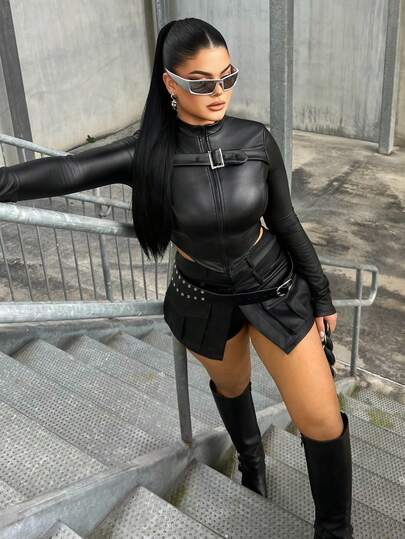 Dayanna Comas Blixtlås Böjd fåll PU-läder Höstkläder Damjacka