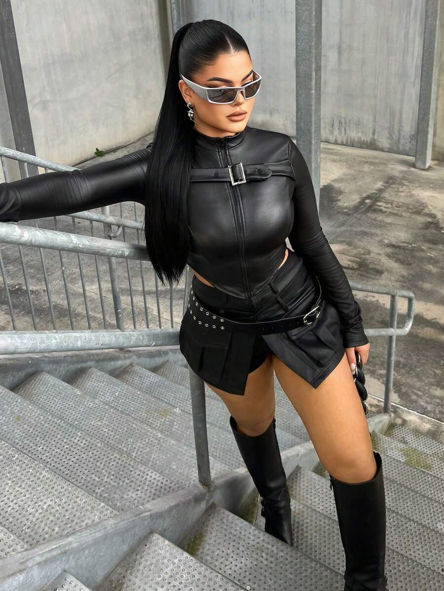 Dayanna Comas Zip Up Curved Hem PU Leather  Fall Clothes Women Jacket - Black - View 1