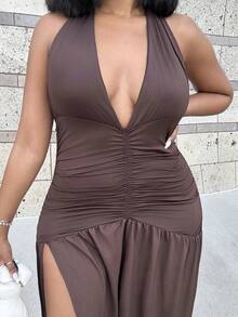 Alexandranx Đầm chữ A hở lưng cổ chữ V sâu thanh lịch lãng mạn gợi cảm dự tiệc - W - màu nâu - Xem 4