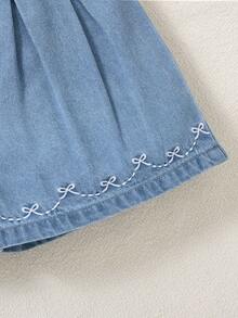 SHEIN Young Girl' Bow Embroidered Blue Denim Loose Shorts - Light Wash - View 3