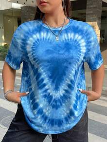 SHEIN EZwear 大码心形扎染印花短袖 T 恤，春夏季休闲 - 藍色 - 查看 1