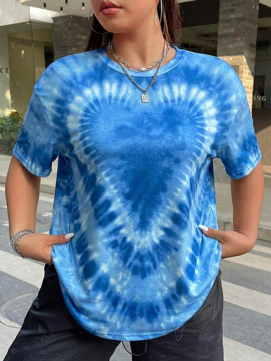 SHEIN EZwear 大码心形扎染印花短袖 T 恤，春夏季休闲 - 藍色 - 查看 1