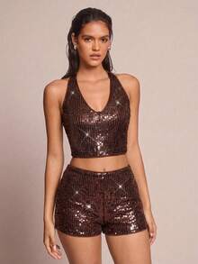Glamine Bộ 2 món thời trang nữ gợi cảm đính sequin dự tiệc âm nhạc gồm áo vest và quần short - Cà phê nâu - Xem 6