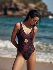 Maija 女士度假印花镂空连体泳衣 - 酒紅色 - 查看 1