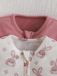 2件套新生女宝宝可爱卡通图案针织长袖连体睡衣套装 - 粉色 - 查看 7